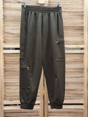 ⁠Zara Military Green Technical Cargo Joggers Zipper Pockets Stretch S⁠